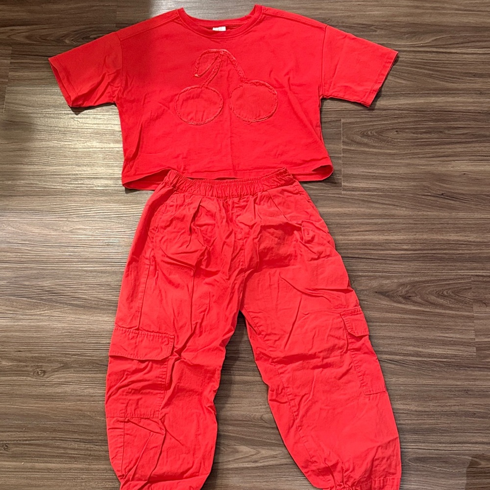Girls Zara Size 9 Red Cherry Embroidered Crop Top and Pants Set